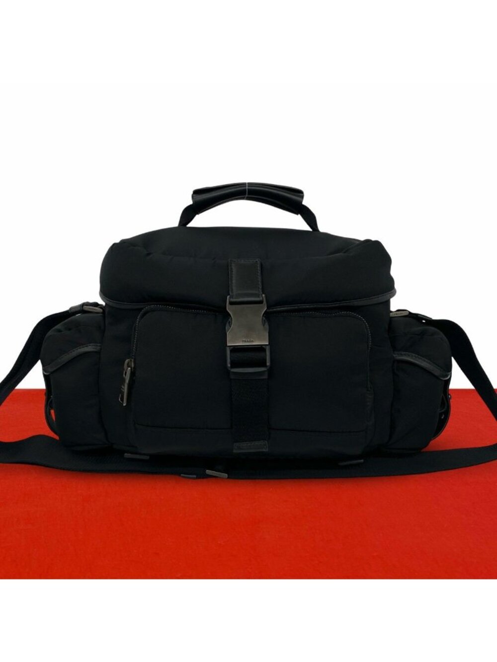 Prada Triangle Logo Tessuto Nylon Leather Shoulder Bag Vanity Black